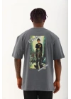 Unisex Oversize Baskılı Bisiklet Yaka T-Shirt - Füme