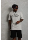 Unisex Oversize Baskılı Bisiklet Yaka T-Shirt - Gri