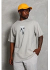 Unisex Oversize Baskılı Bisiklet Yaka T-Shirt - Gri