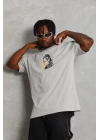 Unisex Oversize Baskılı Bisiklet Yaka T-Shirt - Gri