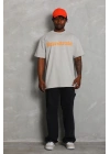 Unisex Oversize Baskılı Bisiklet Yaka T-Shirt - Gri