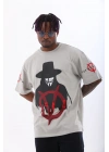 Unisex Oversize Baskılı Bisiklet Yaka T-Shirt - Gri
