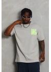 Unisex Oversize Baskılı Bisiklet Yaka T-Shirt - Gri