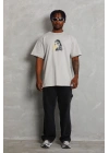 Unisex Oversize Baskılı Bisiklet Yaka T-Shirt - Gri