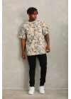 Unisex Oversize Baskılı Bisiklet Yaka T-Shirt - Gri