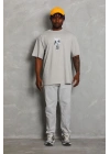 Unisex Oversize Baskılı Bisiklet Yaka T-Shirt - Gri