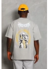 Unisex Oversize Baskılı Bisiklet Yaka T-Shirt - Gri
