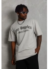 Unisex Oversize Baskılı Bisiklet Yaka T-Shirt - Gri