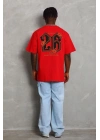 Unisex Oversize Baskılı Bisiklet Yaka T-Shirt - Kırmızı