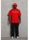 Unisex Oversize Baskılı Bisiklet Yaka T-Shirt - Kırmızı