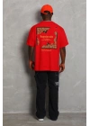 Unisex Oversize Baskılı Bisiklet Yaka T-Shirt - Kırmızı