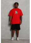 Unisex Oversize Baskılı Bisiklet Yaka T-Shirt - Kırmızı