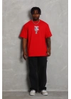 Unisex Oversize Baskılı Bisiklet Yaka T-Shirt - Kırmızı