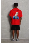 Unisex Oversize Baskılı Bisiklet Yaka T-Shirt - Kırmızı