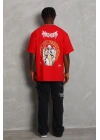 Unisex Oversize Baskılı Bisiklet Yaka T-Shirt - Kırmızı