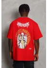 Unisex Oversize Baskılı Bisiklet Yaka T-Shirt - Kırmızı