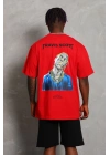 Unisex Oversize Baskılı Bisiklet Yaka T-Shirt - Kırmızı