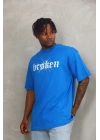 Unisex Oversize Baskılı Bisiklet Yaka T-Shirt - Mavi
