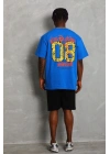 Unisex Oversize Baskılı Bisiklet Yaka T-Shirt - Mavi