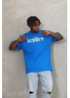 Unisex Oversize Baskılı Bisiklet Yaka T-Shirt - Mavi