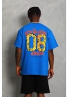 Unisex Oversize Baskılı Bisiklet Yaka T-Shirt - Mavi