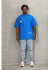 Unisex Oversize Baskılı Bisiklet Yaka T-Shirt - Mavi