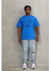 Unisex Oversize Baskılı Bisiklet Yaka T-Shirt - Mavi