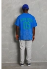 Unisex Oversize Baskılı Bisiklet Yaka T-Shirt - Mavi