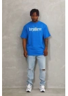 Unisex Oversize Baskılı Bisiklet Yaka T-Shirt - Mavi