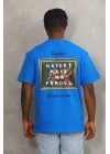 Unisex Oversize Baskılı Bisiklet Yaka T-Shirt - Mavi