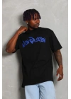 Unisex Oversize Baskılı Bisiklet Yaka T-Shirt - Siyah