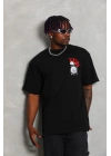 Unisex Oversize Baskılı Bisiklet Yaka T-Shirt - Siyah
