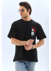 Unisex Oversize Baskılı Bisiklet Yaka T-Shirt - Siyah