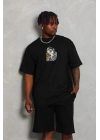 Unisex Oversize Baskılı Bisiklet Yaka T-Shirt - Siyah