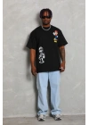 Unisex Oversize Baskılı Bisiklet Yaka T-Shirt - Siyah