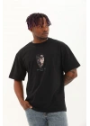Unisex Oversize Baskılı Bisiklet Yaka T-Shirt - Siyah