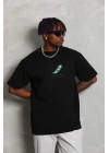 Unisex Oversize Baskılı Bisiklet Yaka T-Shirt - Siyah