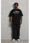 Unisex Oversize Baskılı Bisiklet Yaka T-Shirt - Siyah