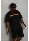 Unisex Oversize Baskılı Bisiklet Yaka T-Shirt - Siyah