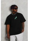 Unisex Oversize Baskılı Bisiklet Yaka T-Shirt - Siyah