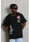 Unisex Oversize Baskılı Bisiklet Yaka T-Shirt - Siyah