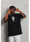 Unisex Oversize Baskılı Bisiklet Yaka T-Shirt - Siyah