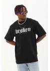 Unisex Oversize Baskılı Bisiklet Yaka T-Shirt - Siyah