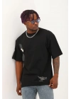 Unisex Oversize Baskılı Bisiklet Yaka T-Shirt - Siyah