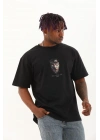 Unisex Oversize Baskılı Bisiklet Yaka T-Shirt - Siyah