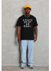 Unisex Oversize Baskılı Bisiklet Yaka T-Shirt - Siyah
