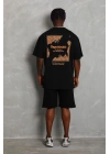 Unisex Oversize Baskılı Bisiklet Yaka T-Shirt - Siyah