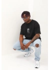 Unisex Oversize Baskılı Bisiklet Yaka T-Shirt - Siyah