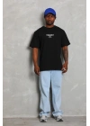 Unisex Oversize Baskılı Bisiklet Yaka T-Shirt - Siyah
