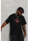 Unisex Oversize Baskılı Bisiklet Yaka T-Shirt - Siyah
